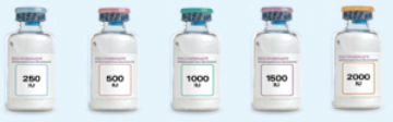 Image of RECOMBINATE™ [Antihemophilic Factor (Recombinant)] vials in various dosages, from 250 IU to 2000 IU.